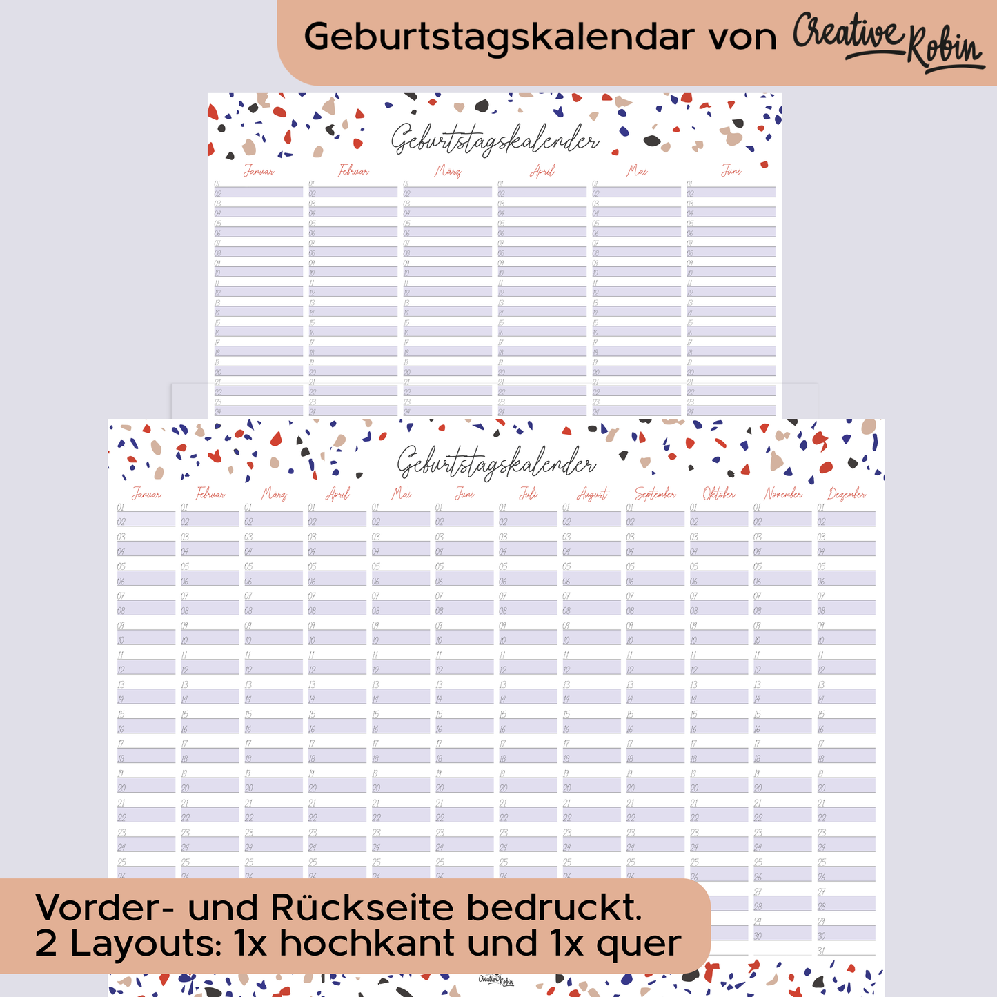 Geburtstagskalender immerwährend im Terrazzo Stil I Jahresunabhängiger Wandkalender I DIN A3 & A2 Dauerkalender