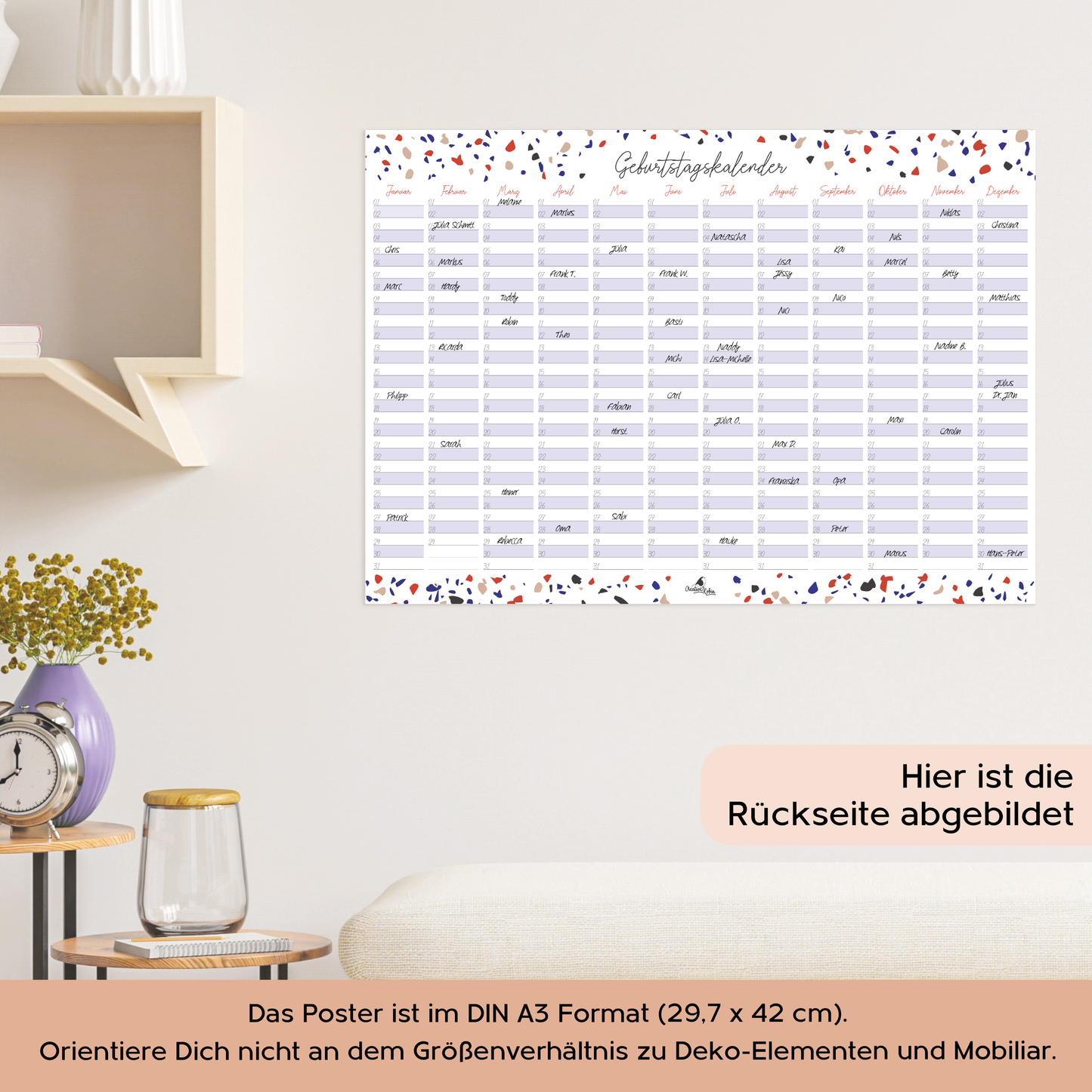 Geburtstagskalender immerwährend im Terrazzo Stil I Jahresunabhängiger Wandkalender I DIN A3 & A2 Dauerkalender