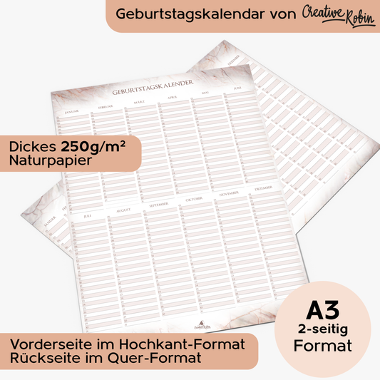 Geburtstagskalender immerwährend im Marmor Stil I Jahresunabhängiger Wandkalender I DIN A3 & A2 Dauerkalender