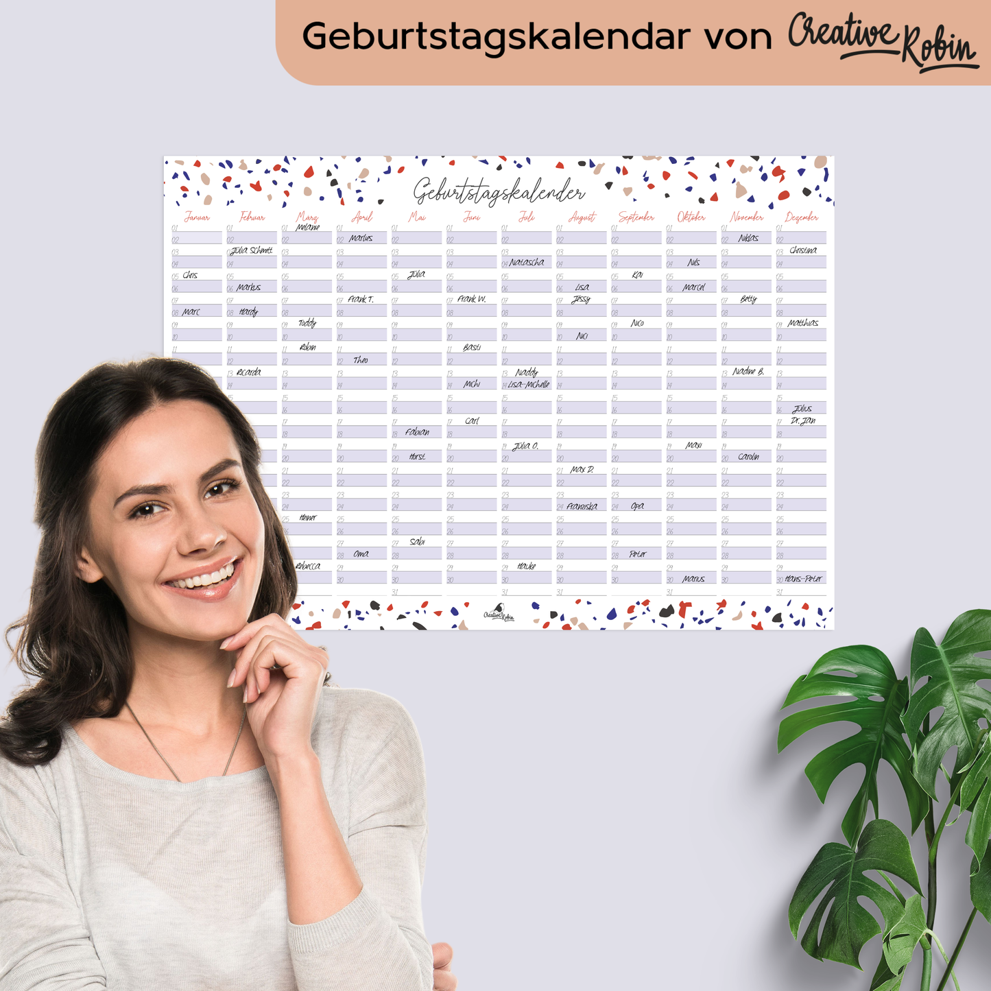 Geburtstagskalender immerwährend im Terrazzo Stil I Jahresunabhängiger Wandkalender I DIN A3 & A2 Dauerkalender