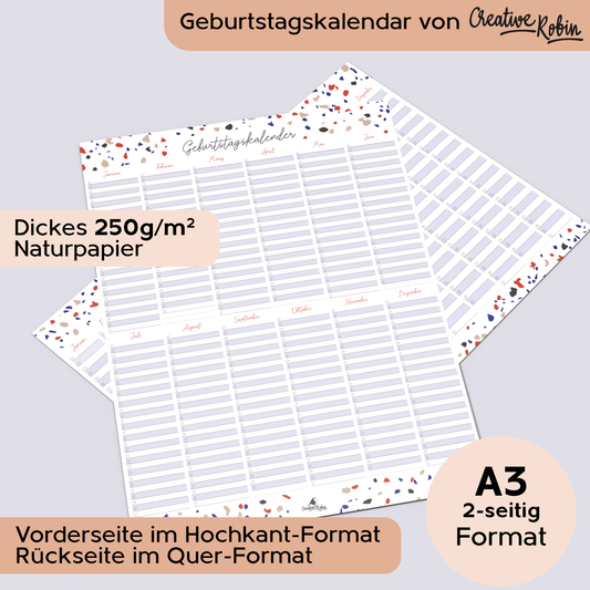 Geburtstagskalender immerwährend im Terrazzo Stil I Jahresunabhängiger Wandkalender I DIN A3 & A2 Dauerkalender