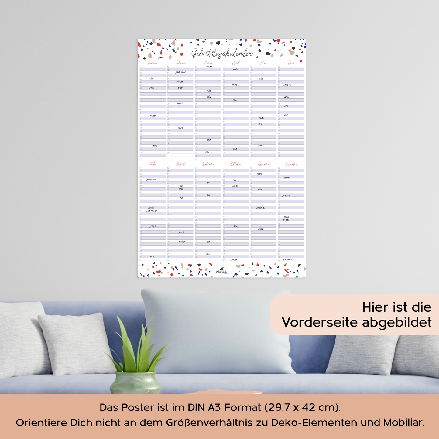Geburtstagskalender immerwährend im Terrazzo Stil I Jahresunabhängiger Wandkalender I DIN A3 & A2 Dauerkalender
