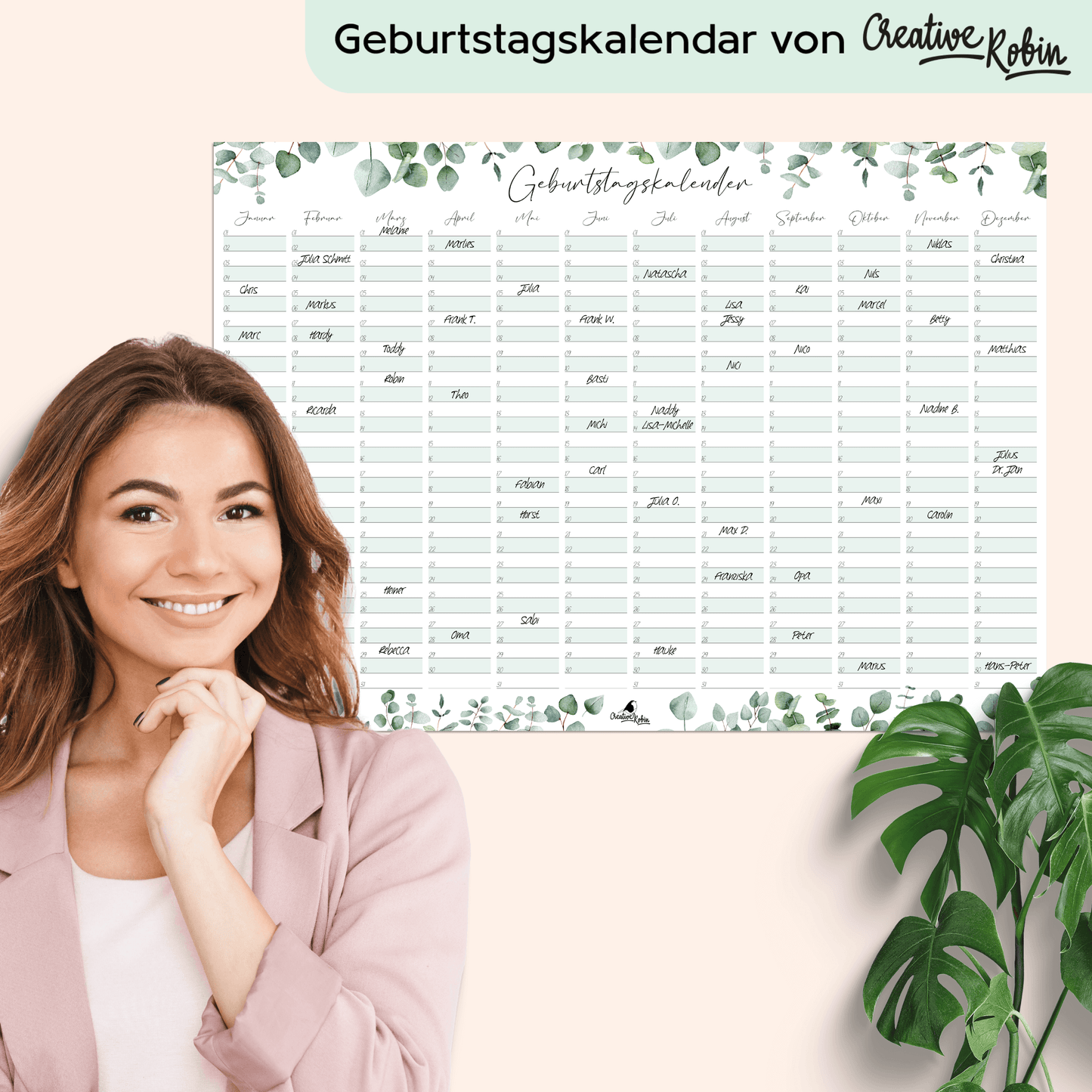 Geburtstagskalender immerwährend Eukalyptus I Jahresunabhängiger Wandkalender I DIN A3 Dauerkalender