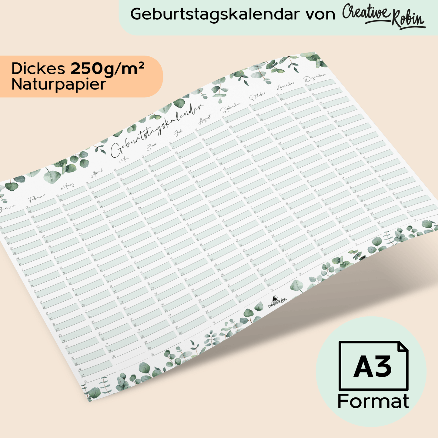 Geburtstagskalender immerwährend Eukalyptus I Jahresunabhängiger Wandkalender I DIN A3 Dauerkalender