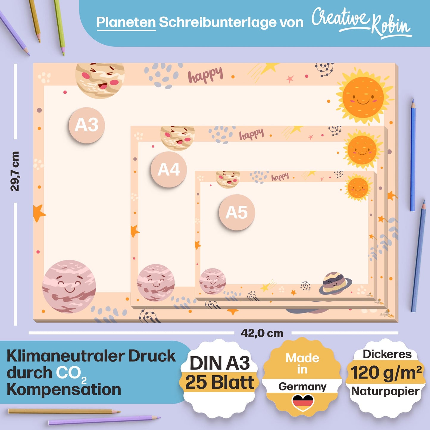 Planeten Schreibtischunterlage aus Papier • DIN A3 Malblock und Malunterlage für Kinder & Erwachsene • 25 Blatt