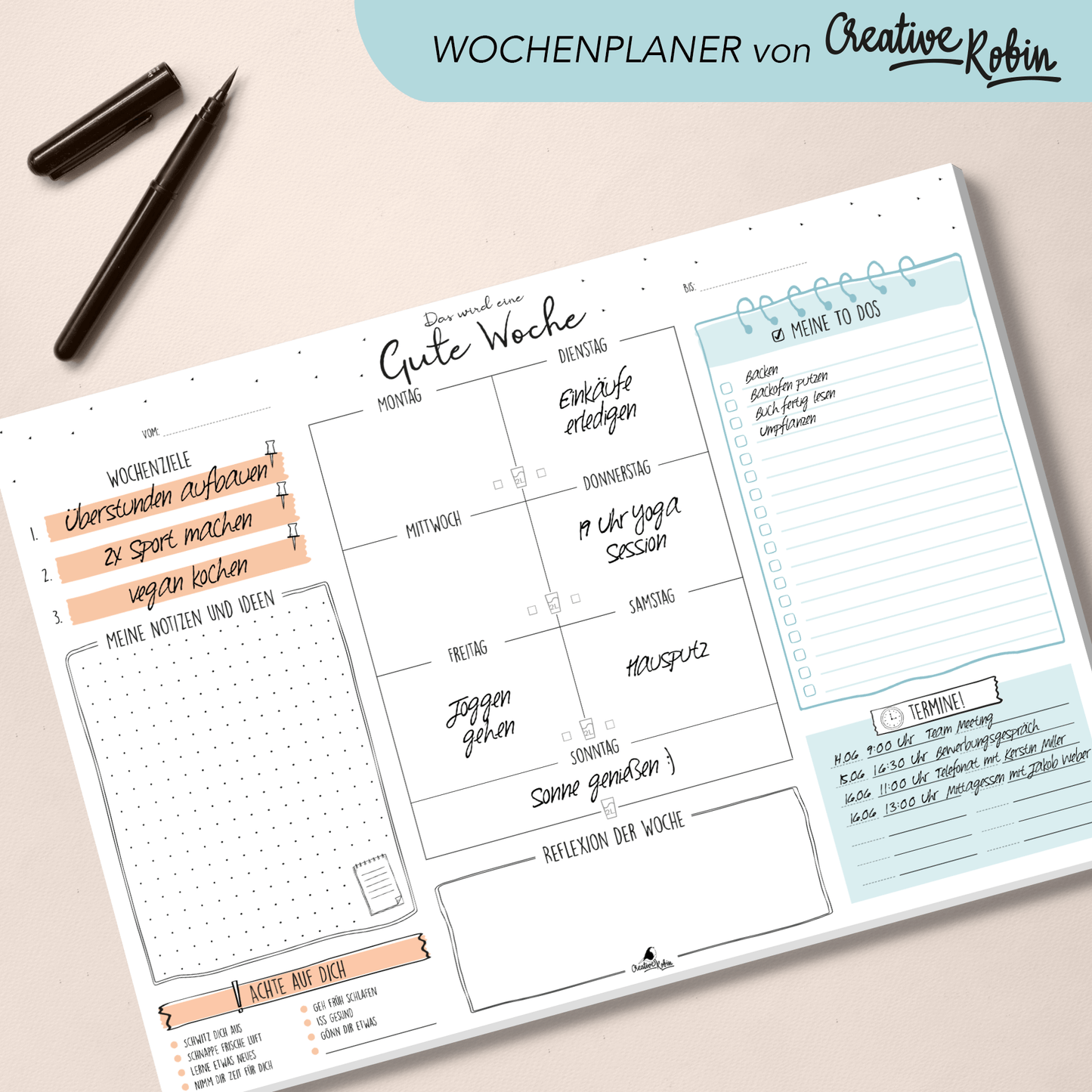 Wochenplaner Schreibtischunterlage aus Papier mit To-Do Liste, Tagesplaner und co. I DIN A3