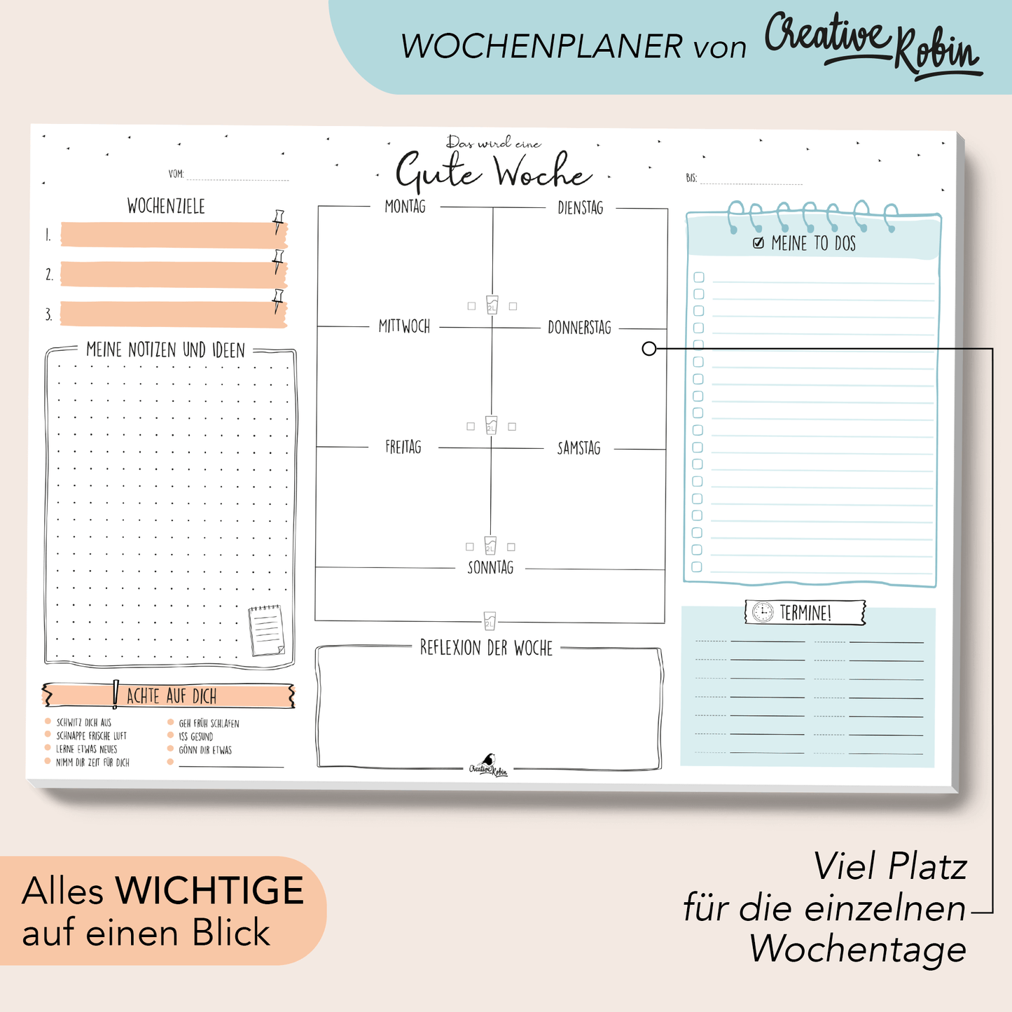 Wochenplaner Schreibtischunterlage aus Papier mit To-Do Liste, Tagesplaner und co. I DIN A3