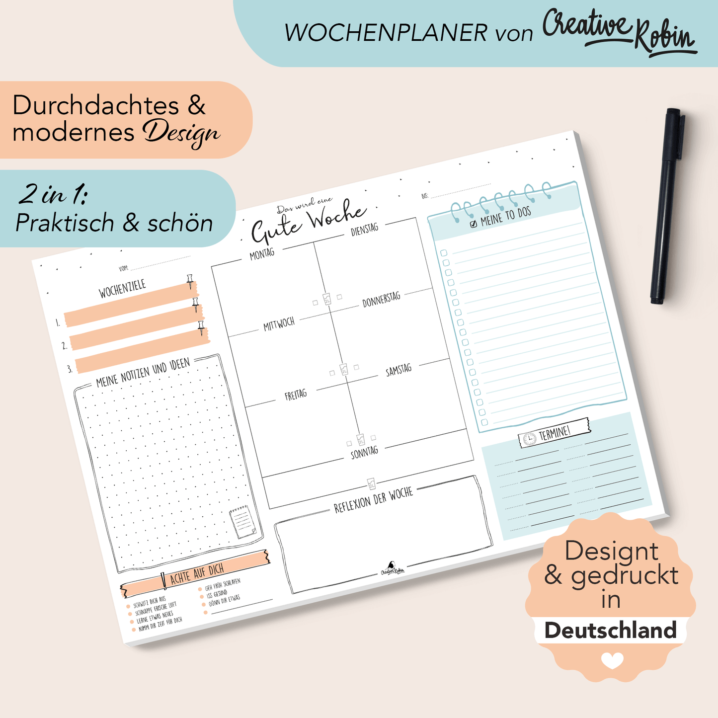 Wochenplaner Schreibtischunterlage aus Papier mit To-Do Liste, Tagesplaner und co. I DIN A3