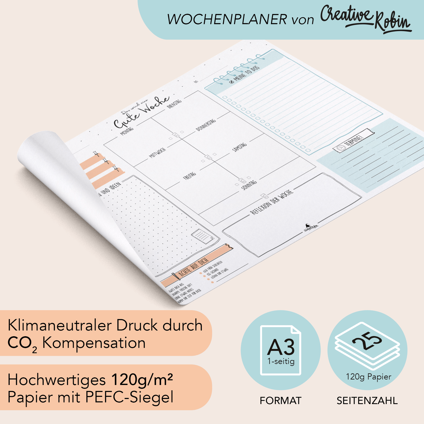 Wochenplaner Schreibtischunterlage aus Papier mit To-Do Liste, Tagesplaner und co. I DIN A3