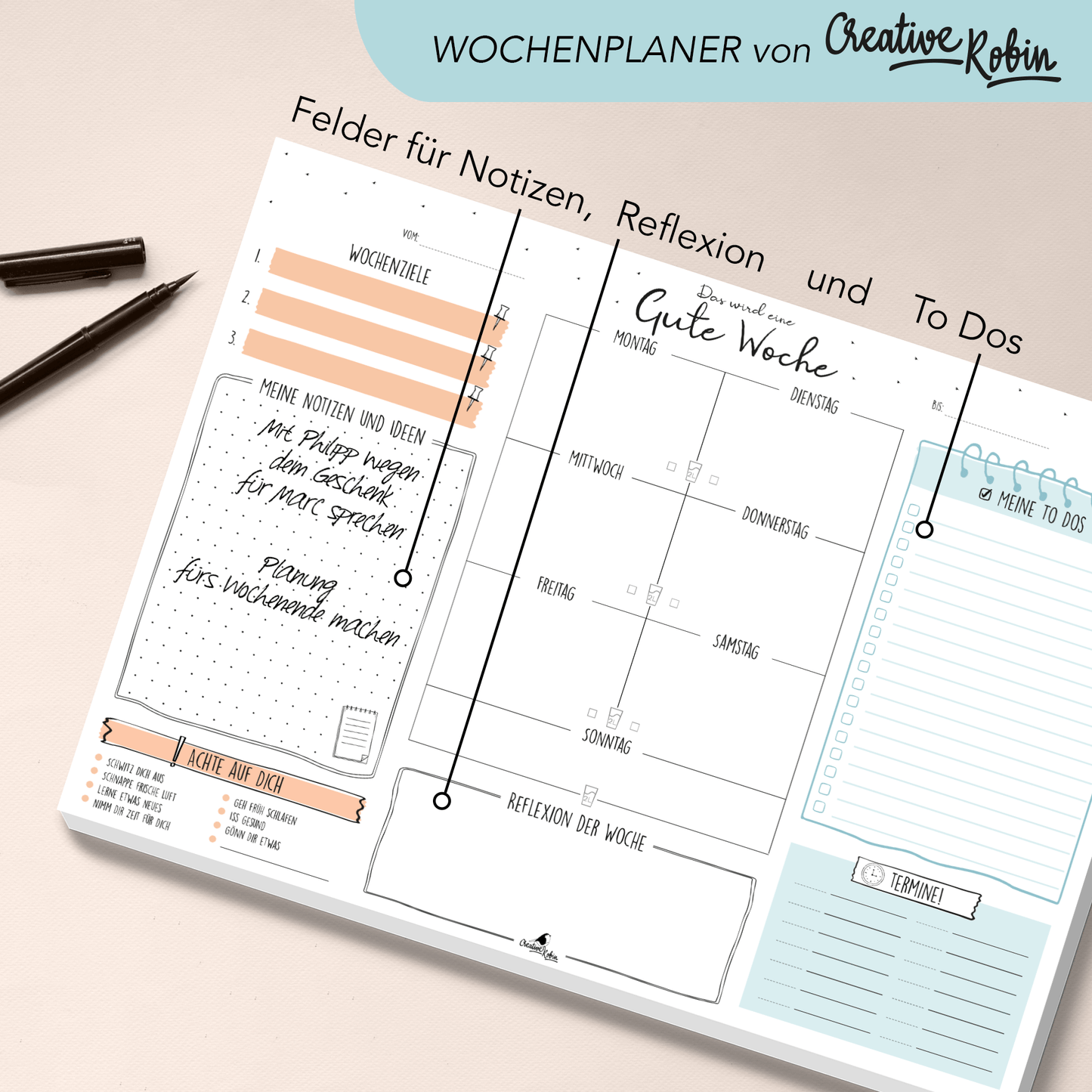 Wochenplaner Schreibtischunterlage aus Papier mit To-Do Liste, Tagesplaner und co. I DIN A3