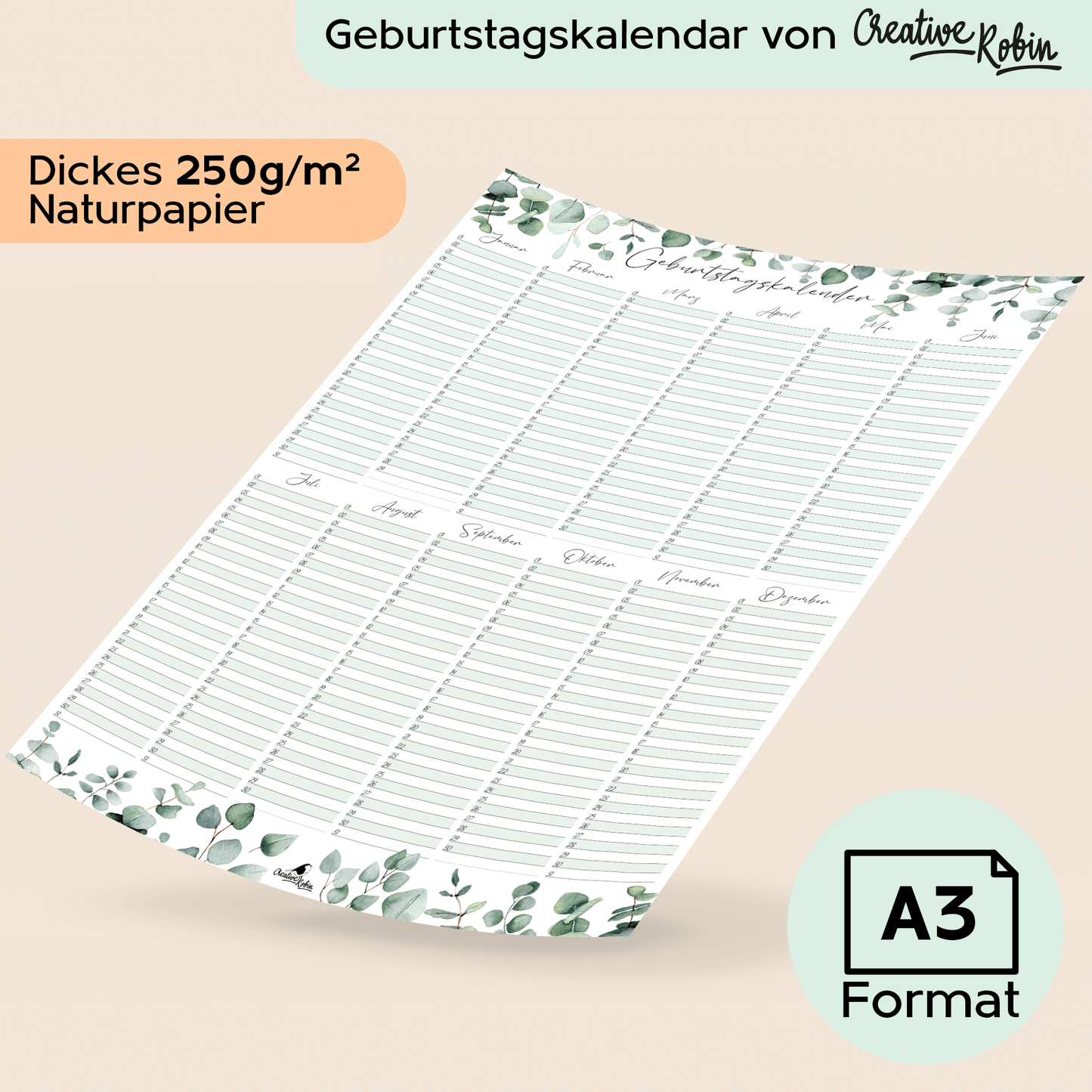 Geburtstagskalender immerwährend Eukalyptus I Jahresunabhängiger Wandkalender I DIN A3 Dauerkalender