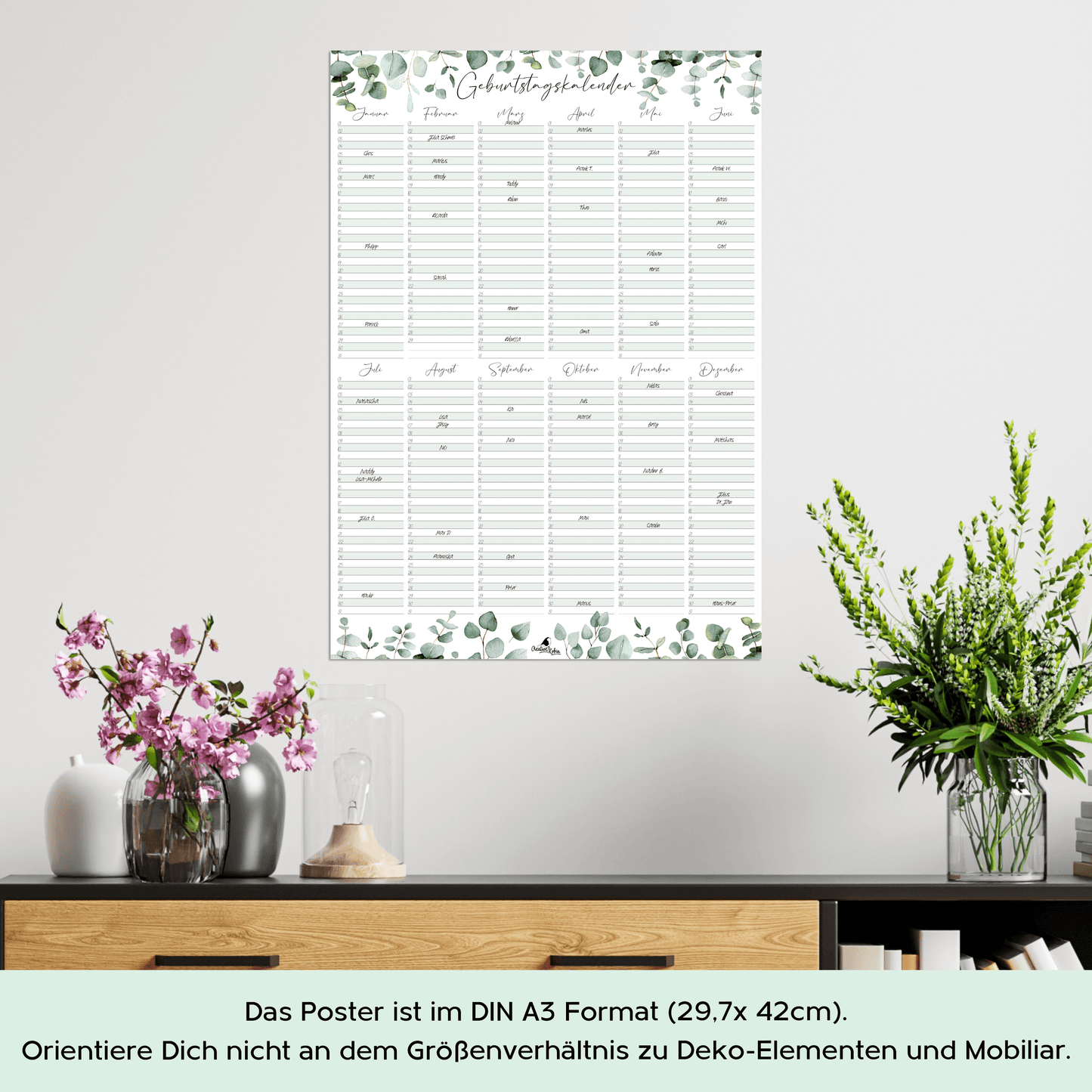 Geburtstagskalender immerwährend Eukalyptus I Jahresunabhängiger Wandkalender I DIN A3 Dauerkalender
