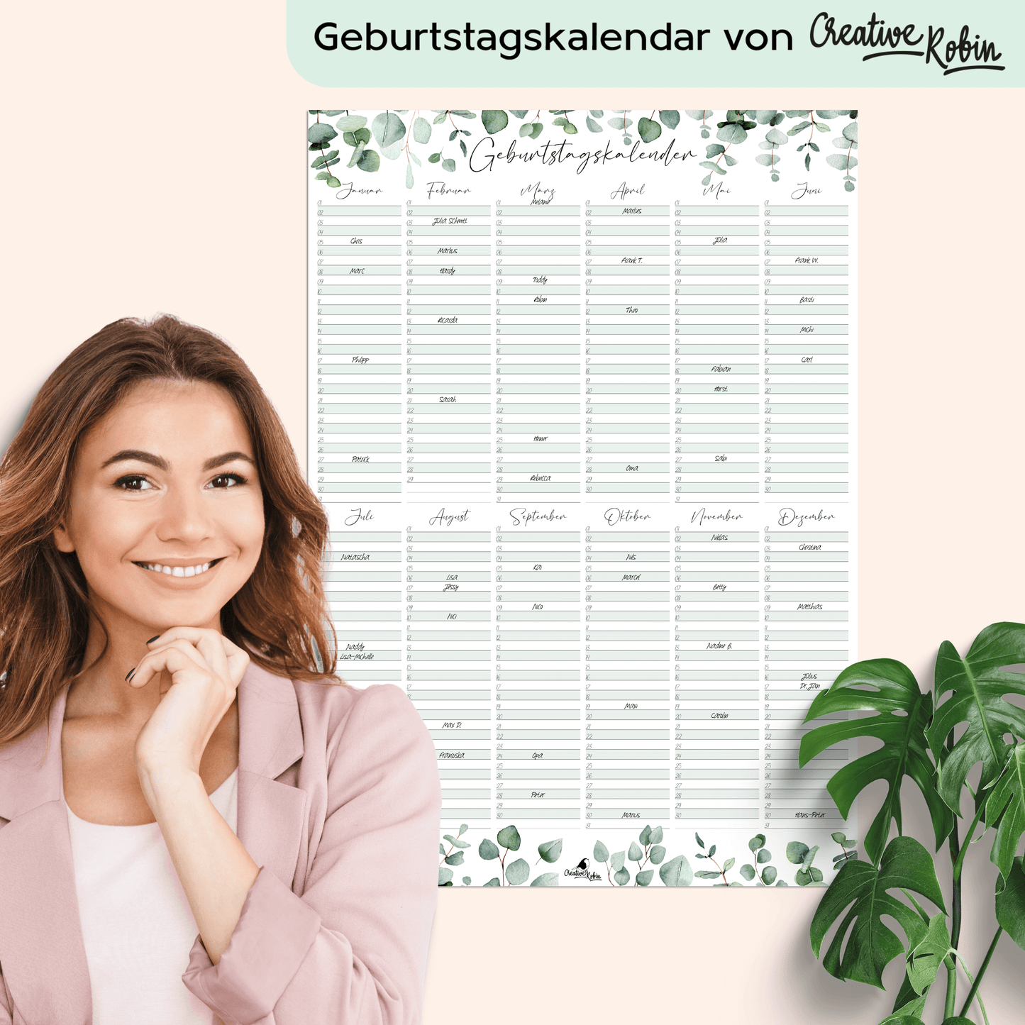 Geburtstagskalender immerwährend Eukalyptus I Jahresunabhängiger Wandkalender I DIN A3 Dauerkalender