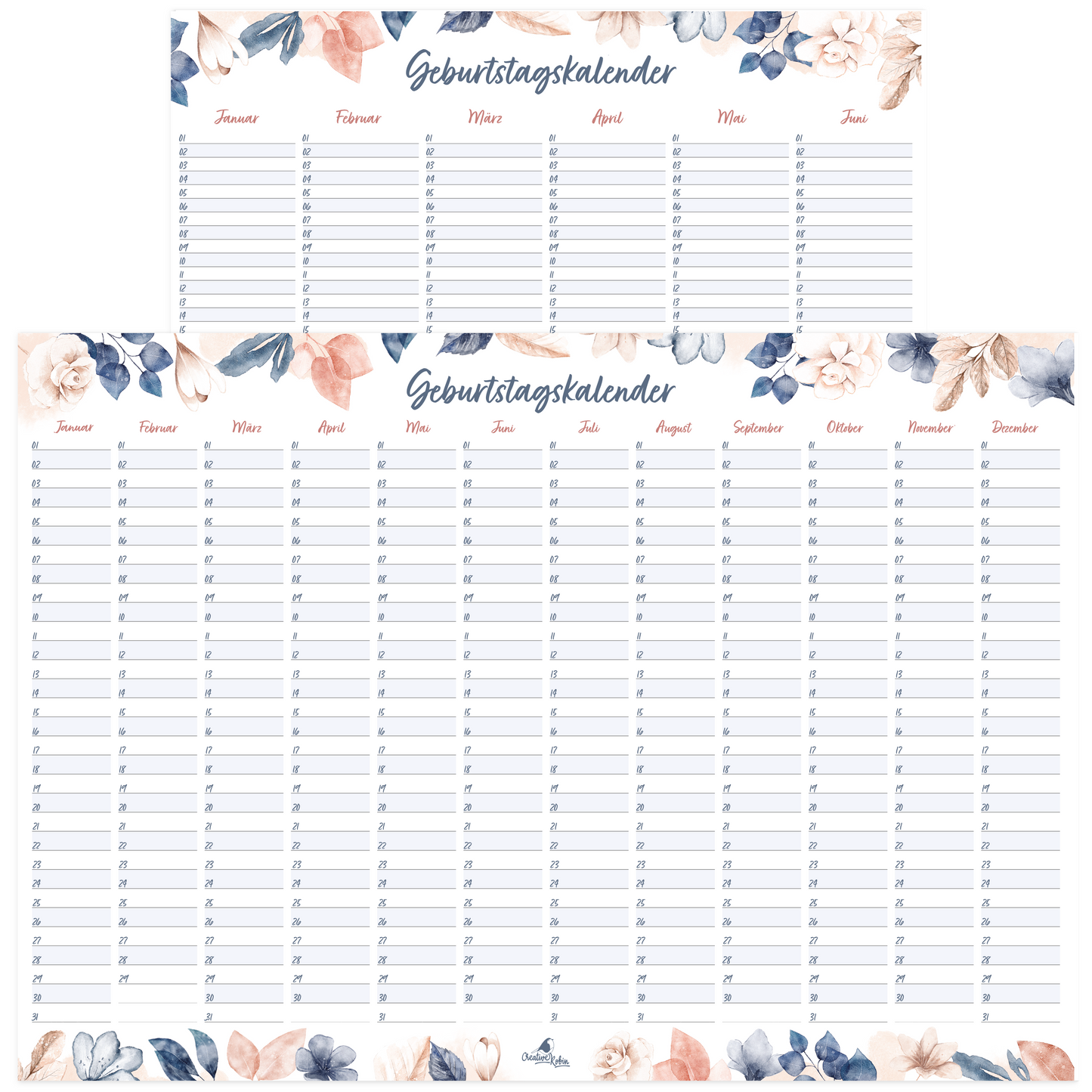 Geburtstagskalender immerwährend im floralem Stil I Jahresunabhängiger Wandkalender I DIN A3 & A2 I CreativeRobin