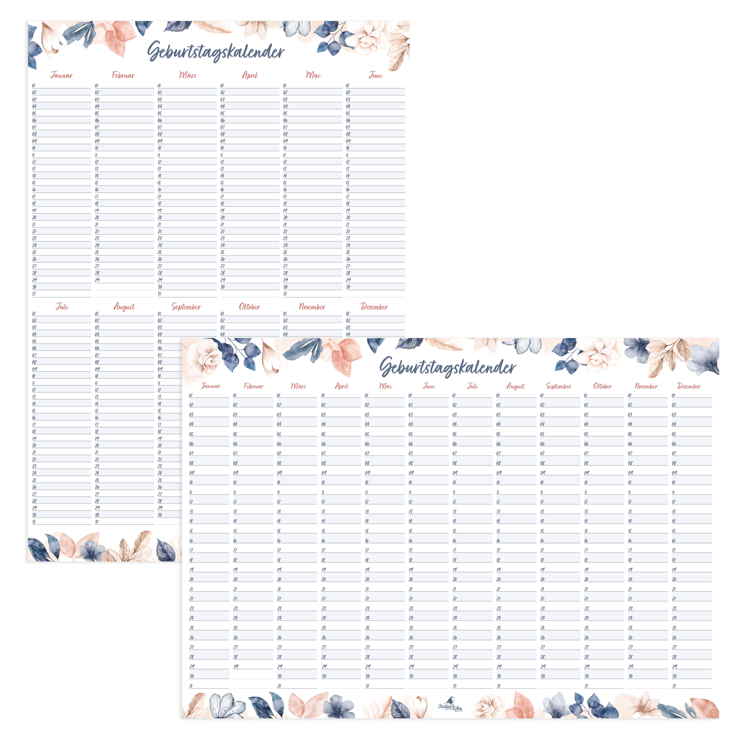 Geburtstagskalender immerwährend im floralem Stil I Jahresunabhängiger Wandkalender I DIN A3 & A2 I CreativeRobin
