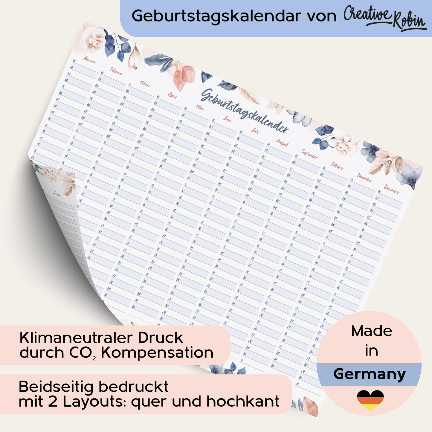 Geburtstagskalender immerwährend im floralem Stil I Jahresunabhängiger Wandkalender I DIN A3 & A2 I CreativeRobin