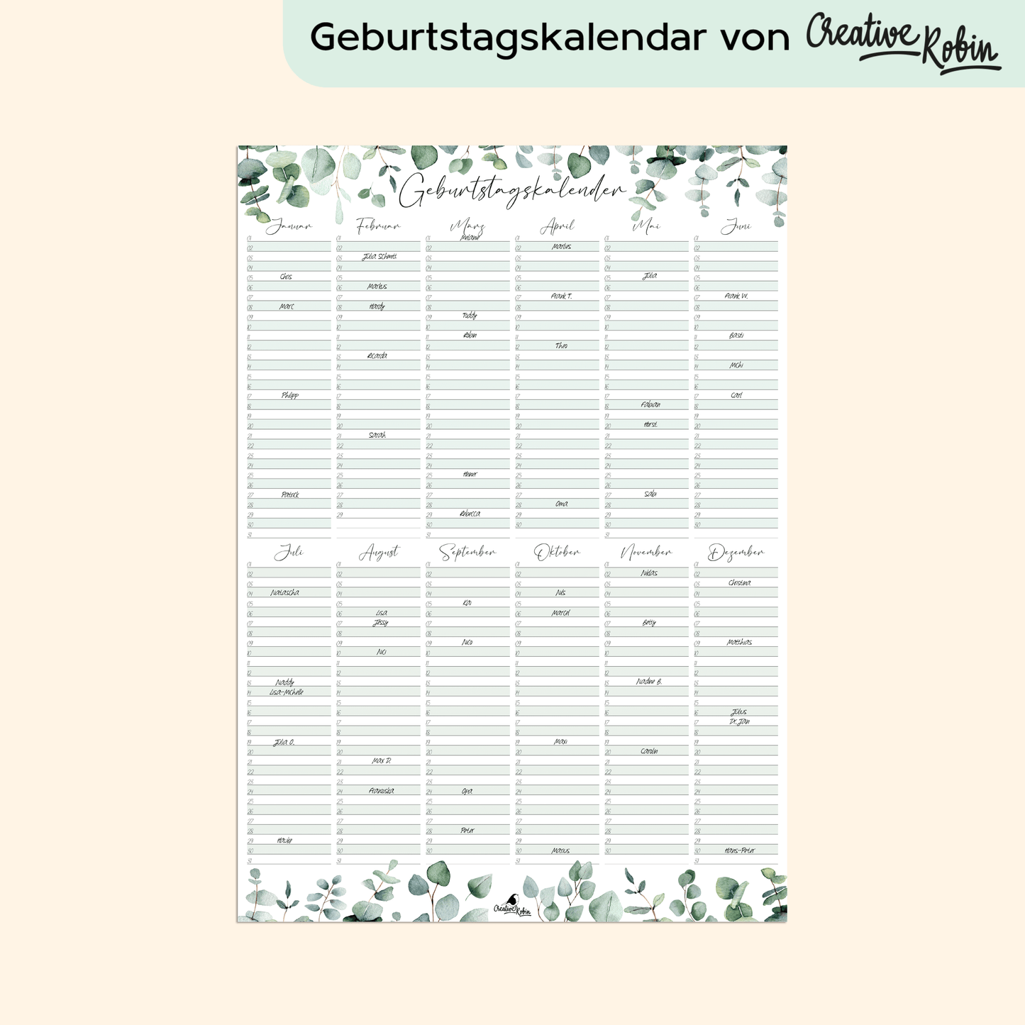 Geburtstagskalender immerwährend Eukalyptus I Jahresunabhängiger Wandkalender I DIN A3 Dauerkalender