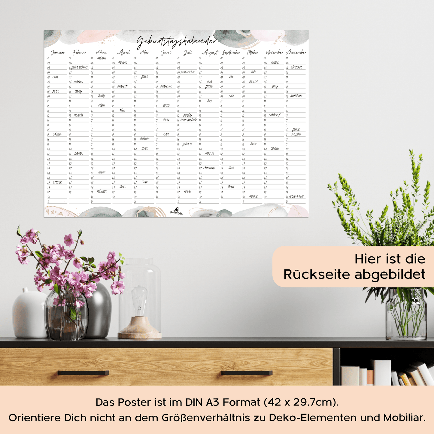Geburtstagskalender immerwährend skandinavischer Wasserfarben Stil I Jahresunabhängiger Wandkalender I DIN A3 & A2 Dauerkalender