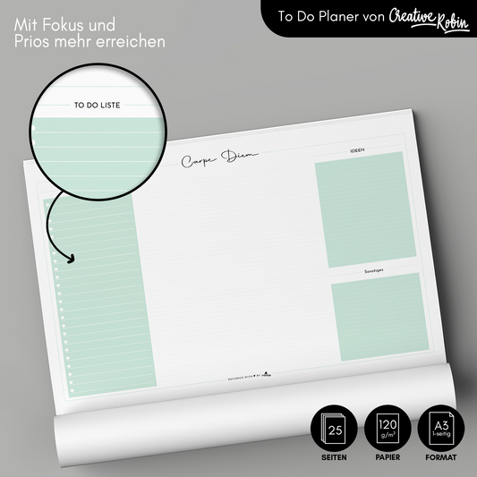 Schreibtischunterlage aus Papier mit To-Do Liste I A3 mit 25 Blatt minzgrün
