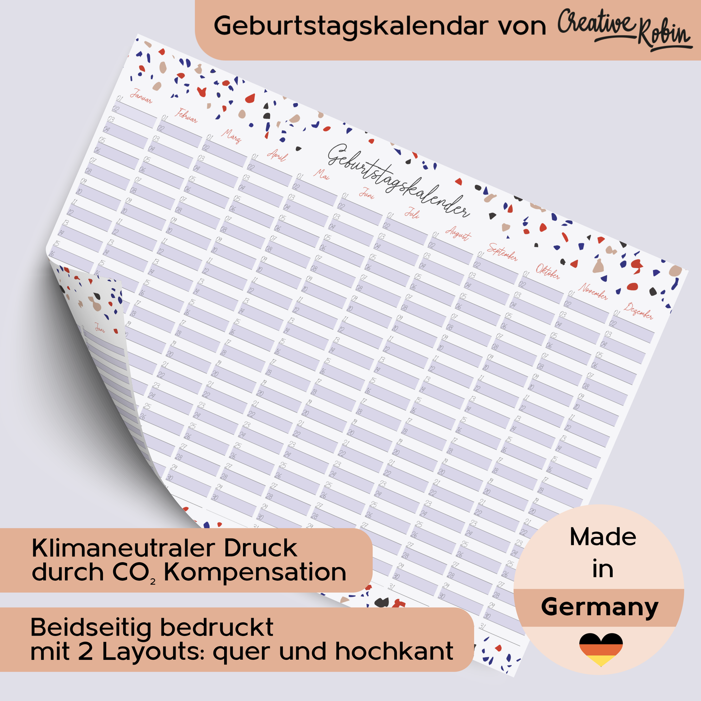 Geburtstagskalender immerwährend im Terrazzo Stil I Jahresunabhängiger Wandkalender I DIN A3 & A2 Dauerkalender