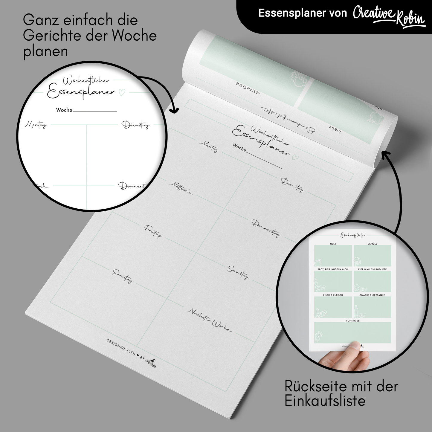 Essensplaner und Einkaufsliste I Menüplaner für die ganze Woche I A5 Block I 50 Blatt