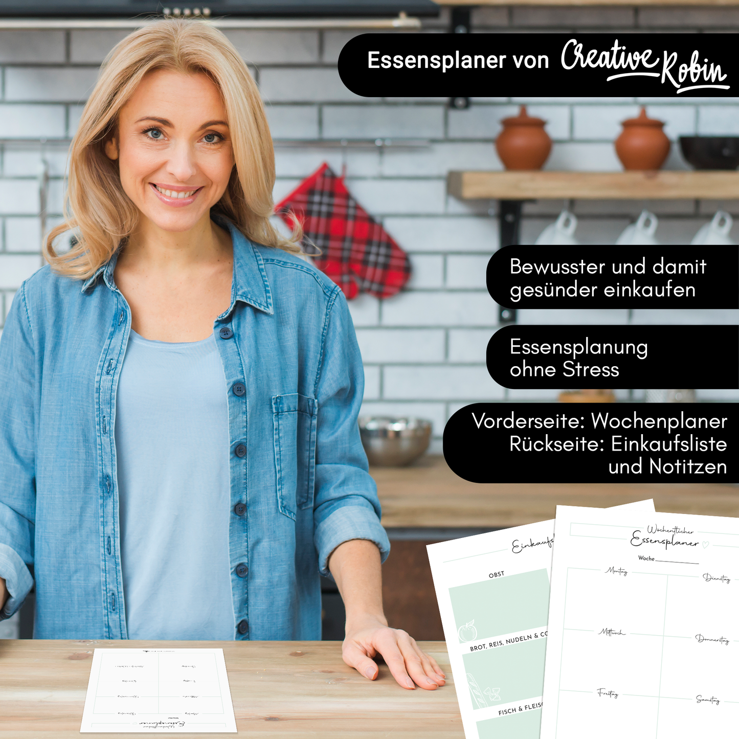 Essensplaner und Einkaufsliste I Menüplaner für die ganze Woche I A5 Block I 50 Blatt