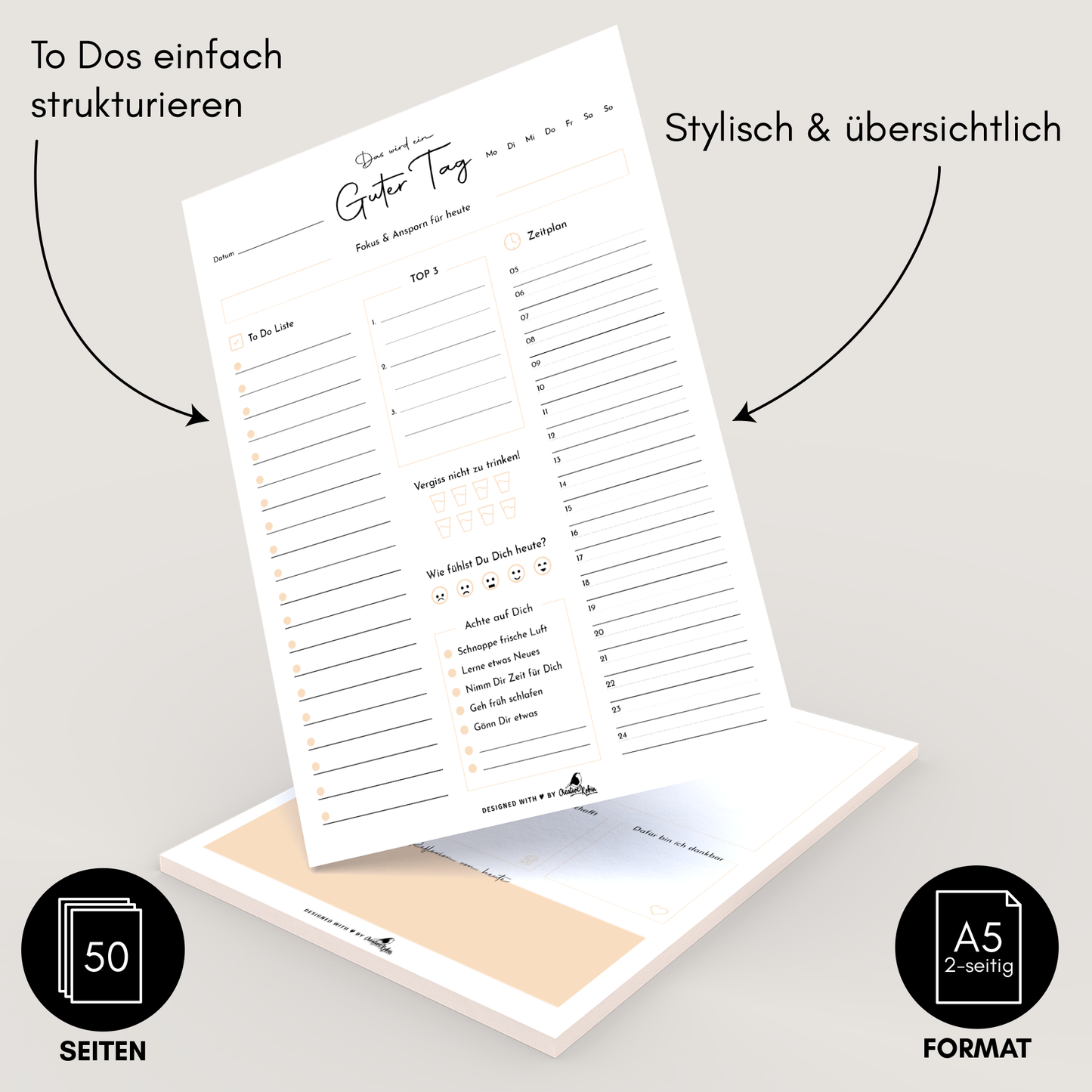 Tagesplaner & To Do Liste | A5 Notizblock orange | 2-seitig bedruckt | 50 Blatt