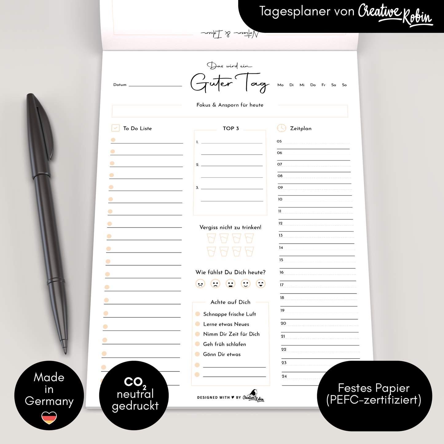 Tagesplaner & To Do Liste | A5 Notizblock orange | 2-seitig bedruckt | 50 Blatt