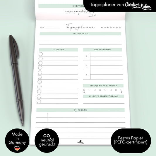 Tagesplaner & To Do Liste | A5 Notizblock mintgrün | 2-seitig bedruckt | 50 Blatt