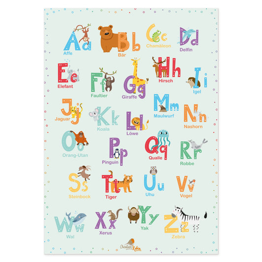 ABC Poster mit Tieren in grün • DIN A3 • fürs Kinderzimmer, Kindergarten & Grundschule