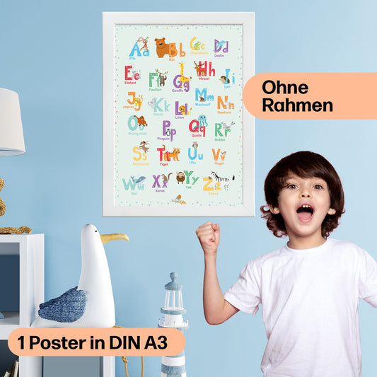 ABC Poster mit Tieren in grün • DIN A3 • fürs Kinderzimmer, Kindergarten & Grundschule