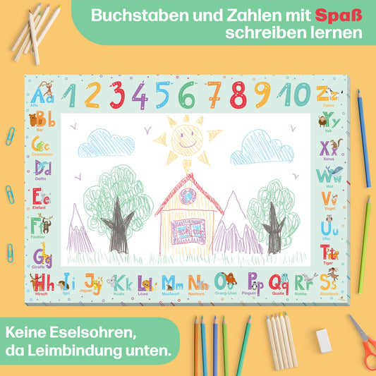 ABC Schreibtischunterlage aus Papier • DIN A3 Malblock und Schreibunterlage für Kinder • grün • 25 Blatt • CreativeRobin