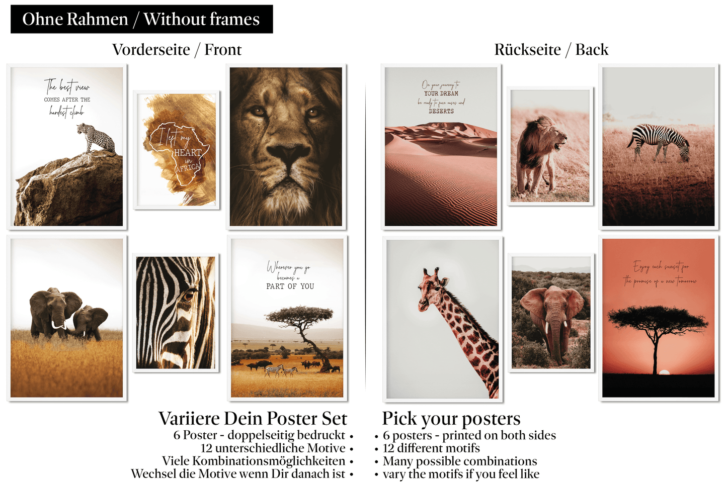 » Afrika « Poster Set als Wohnzimmer Deko | 4x A3 + 2x A4 Wandbilder Collage | ohne Rahmen