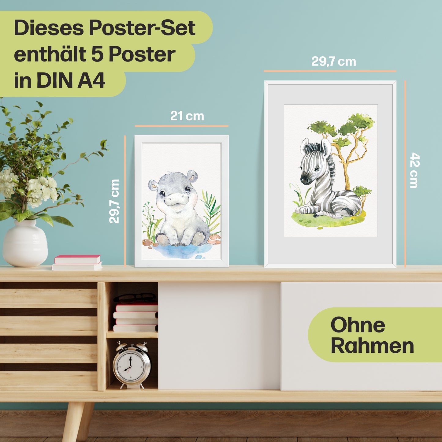 5er Poster-Set fürs Kinderzimmer I Tiere Afrikas I Süße Babyzimmer Deko