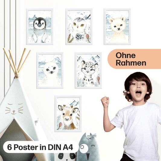 6er Poster-Set fürs Kinderzimmer mit Nordischen Tieren der Arktis | Schöne Babyzimmer Deko