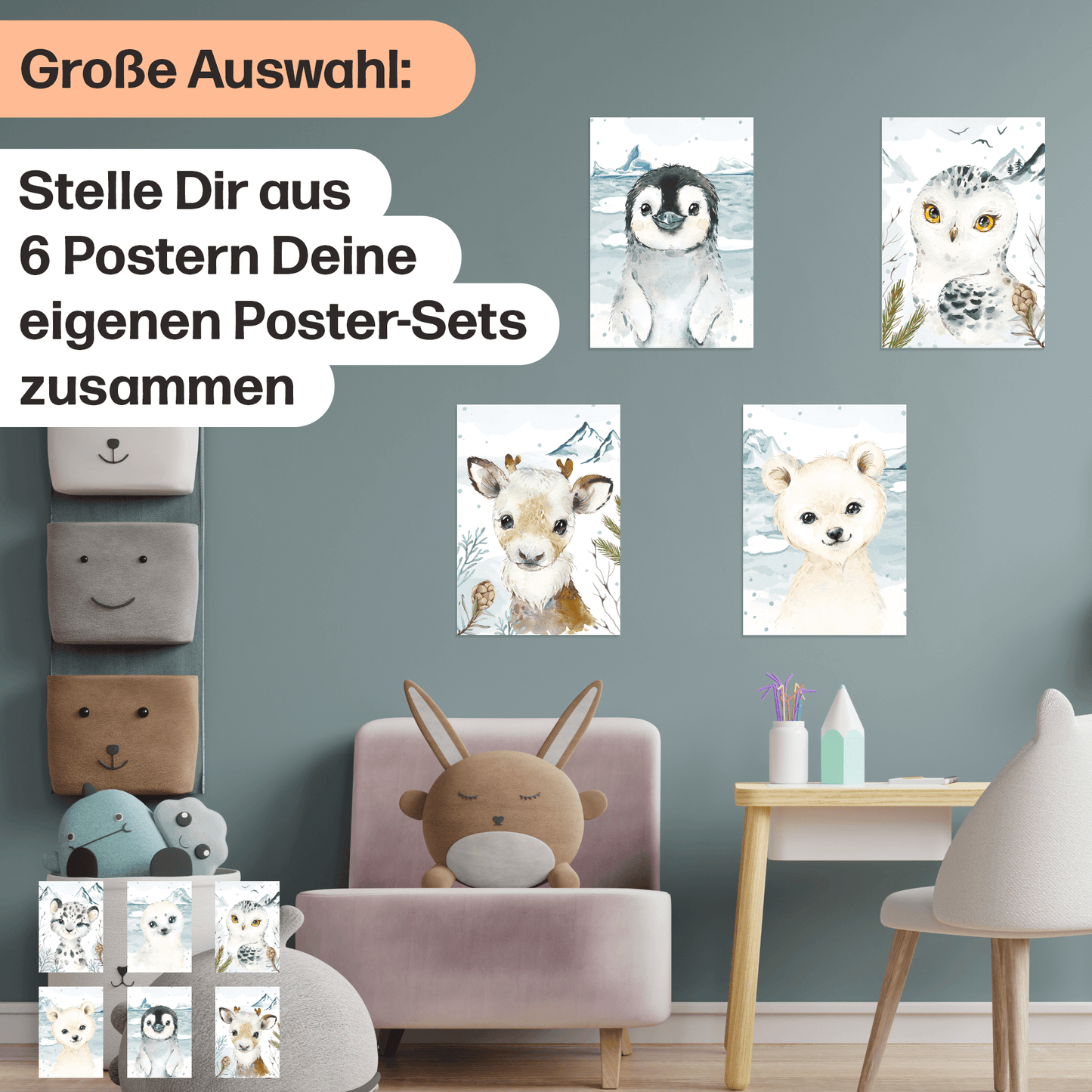 6er Poster-Set fürs Kinderzimmer mit Nordischen Tieren der Arktis | Schöne Babyzimmer Deko