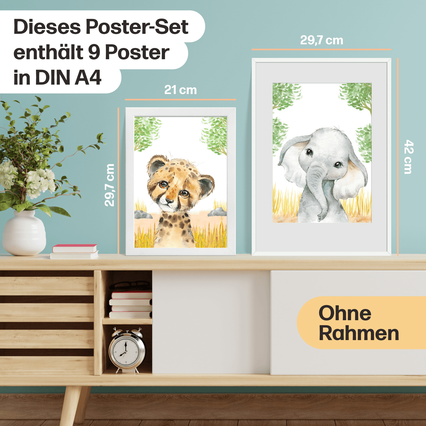9er Poster Set mit Tieren Afrikas fürs Kinderzimmer I Löwe, Giraffe, Affe, Zebra uvm. als süße Babyzimmer Deko I ohne Rahmen I CreativeRobin