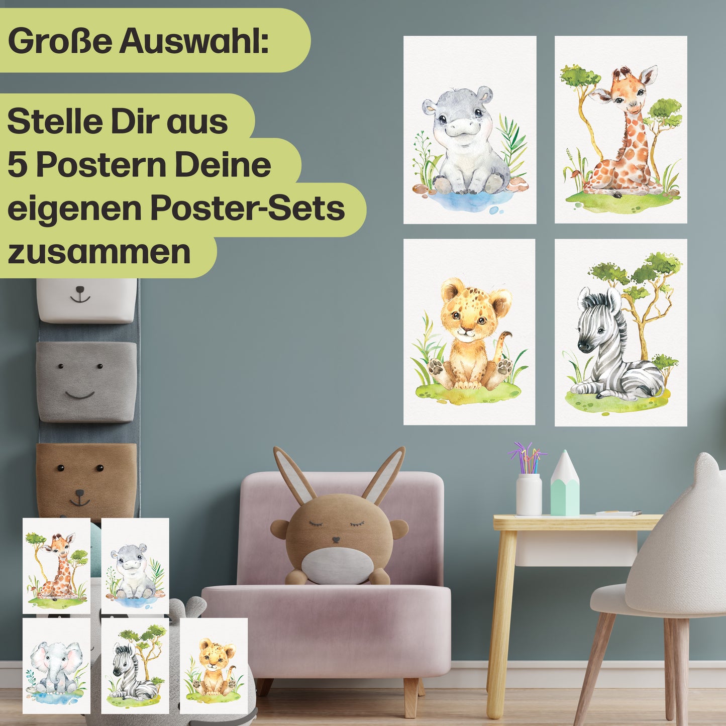 5er Poster-Set fürs Kinderzimmer I Tiere Afrikas I Süße Babyzimmer Deko