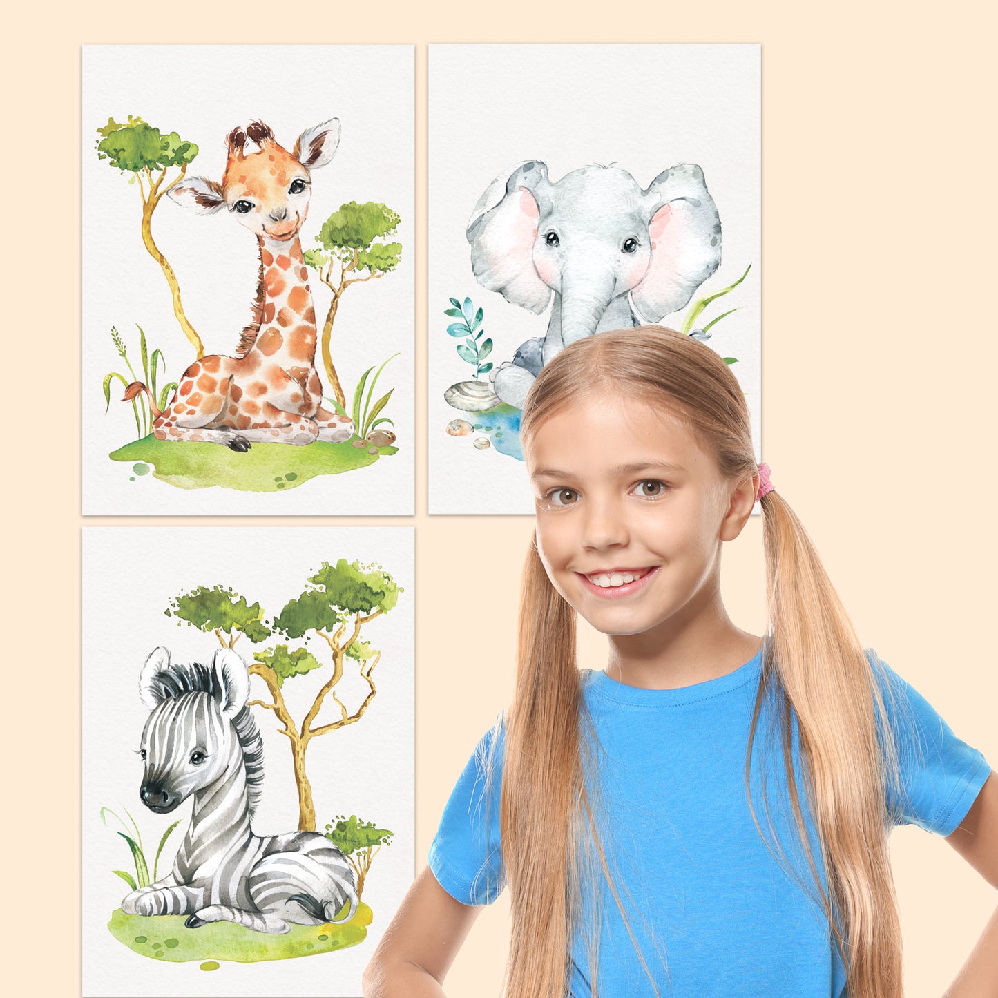5er Poster-Set fürs Kinderzimmer I Tiere Afrikas I Süße Babyzimmer Deko