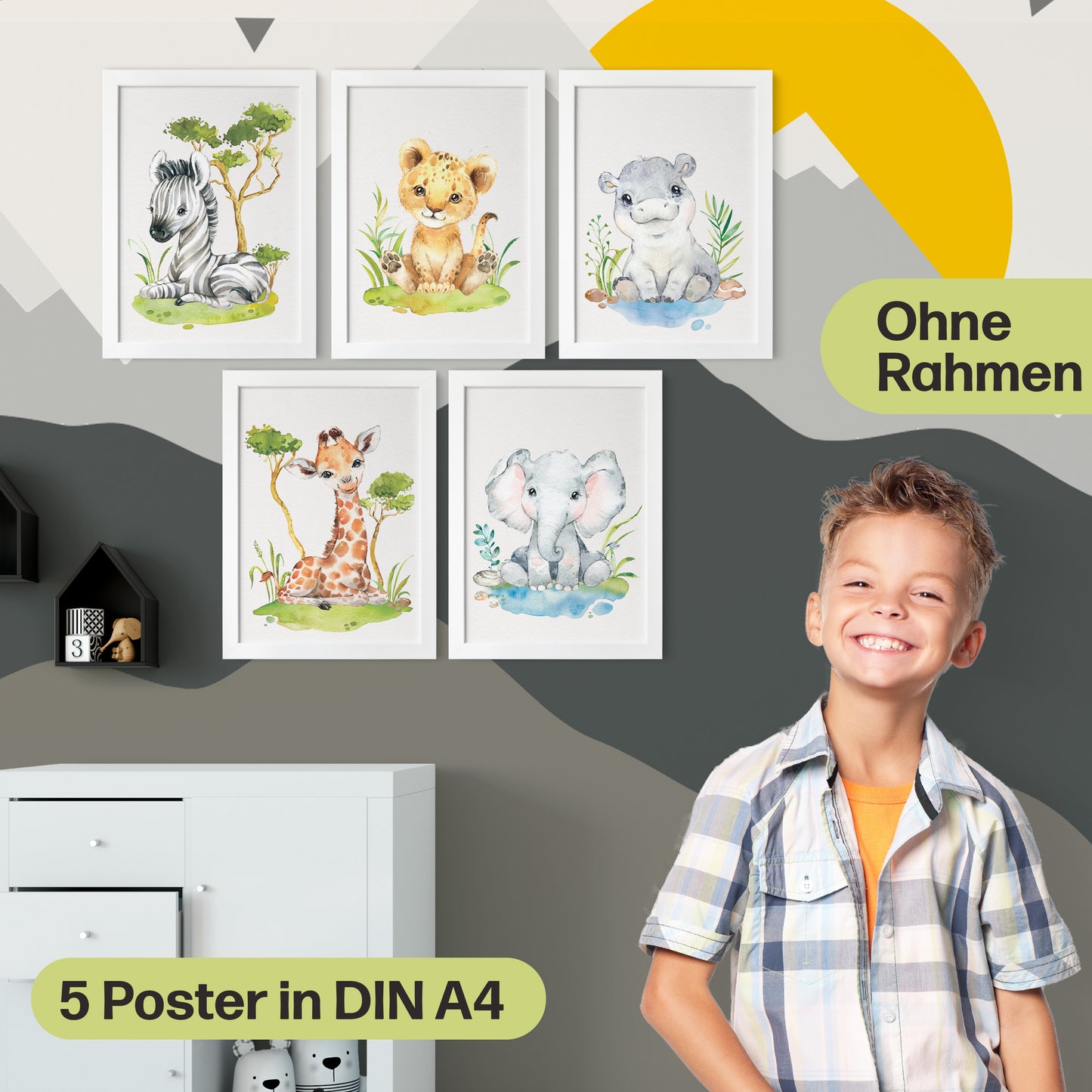 5er Poster-Set fürs Kinderzimmer I Tiere Afrikas I Süße Babyzimmer Deko