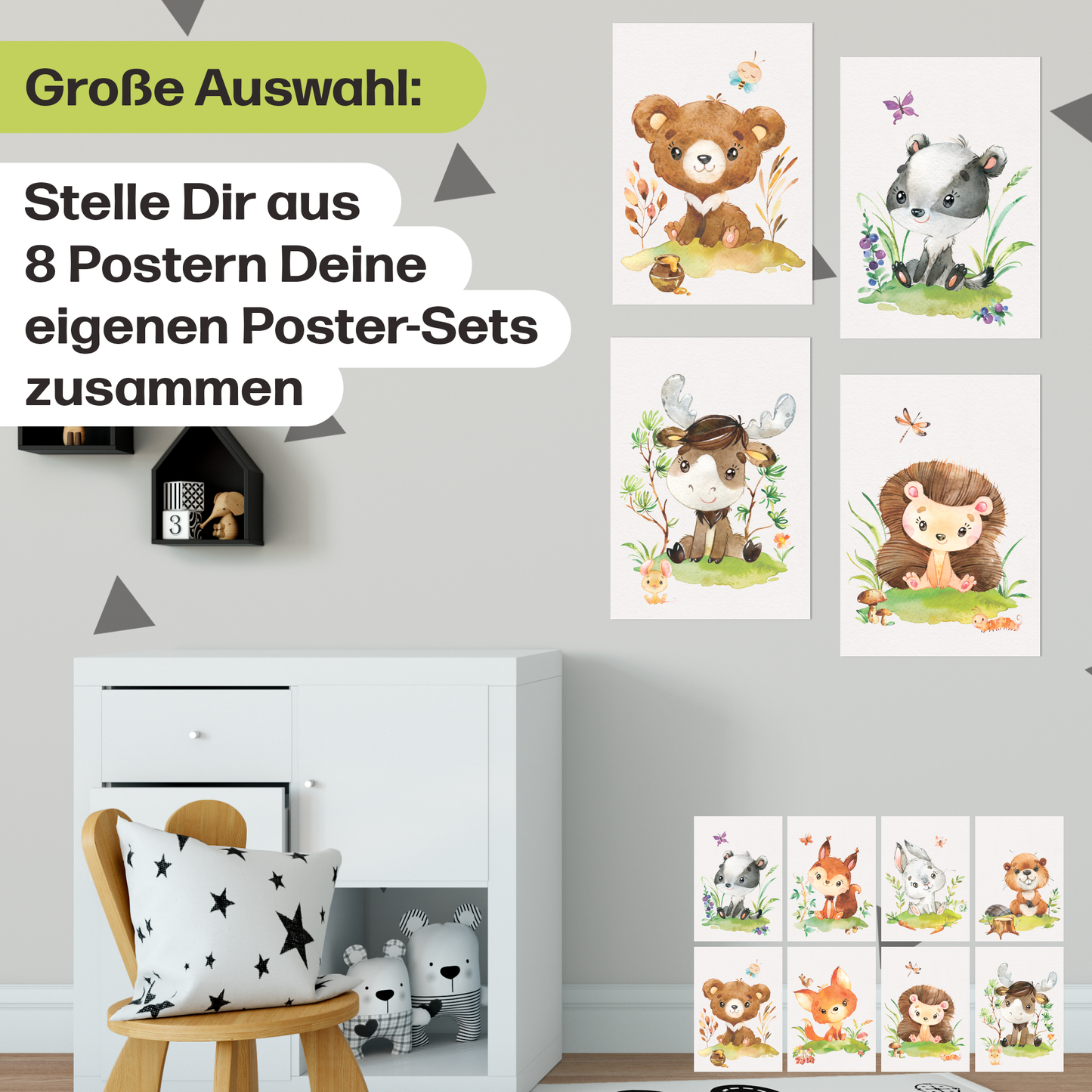 8er Waldtier Poster-Set fürs Kinderzimmer I Süße Babyzimmer Deko mit Elch, Biber, Häschen, Dachs & co.