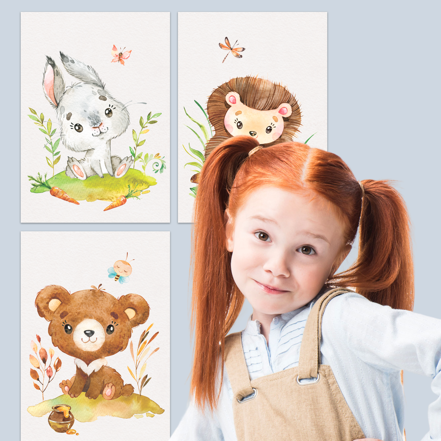 8er Waldtier Poster-Set fürs Kinderzimmer I Süße Babyzimmer Deko mit Elch, Biber, Häschen, Dachs & co.