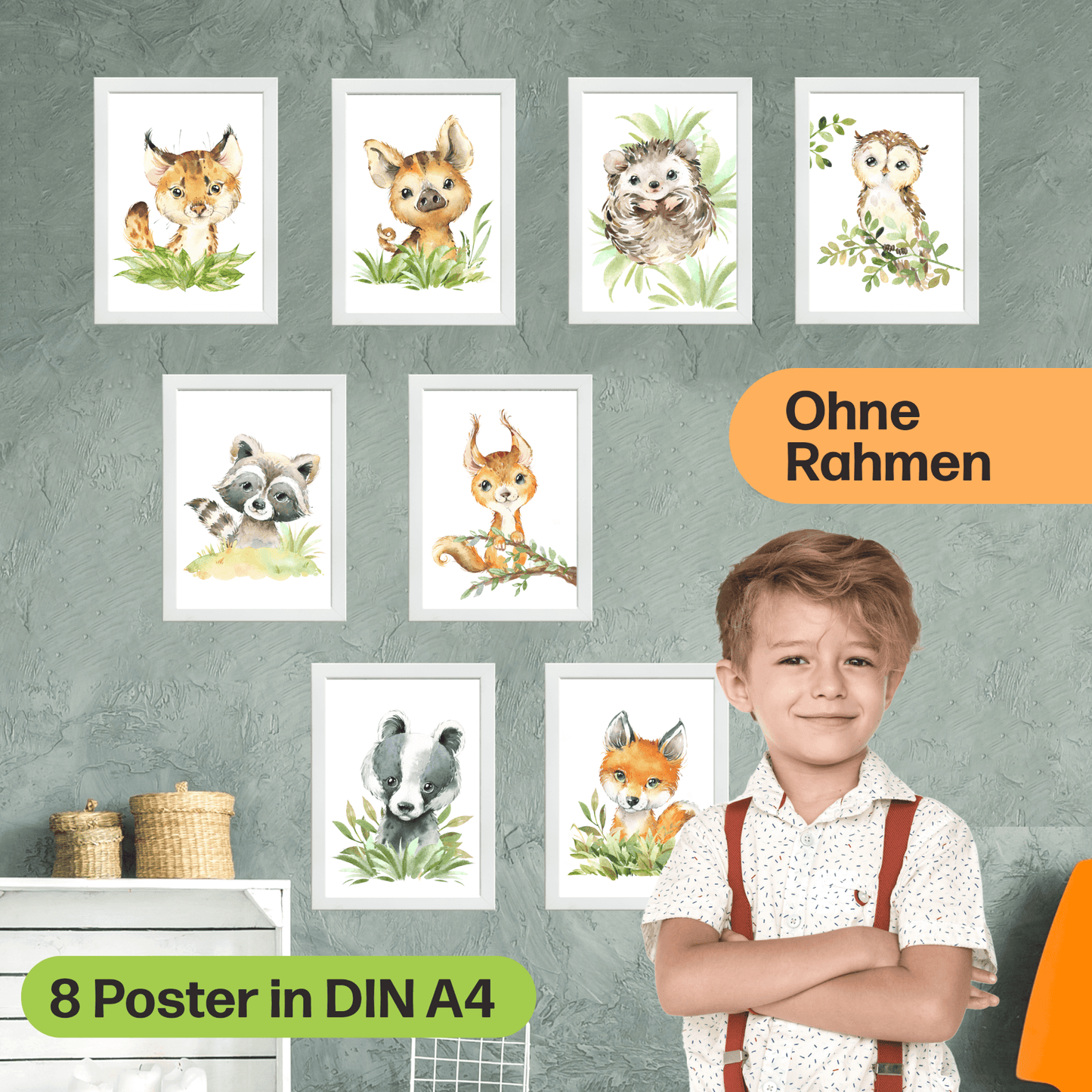 8er Poster-Set Waldtiere Kinderzimmer I Babyzimmer Deko I Eichhörnchen, Igel, Eule, Luchs etc. mit Flora