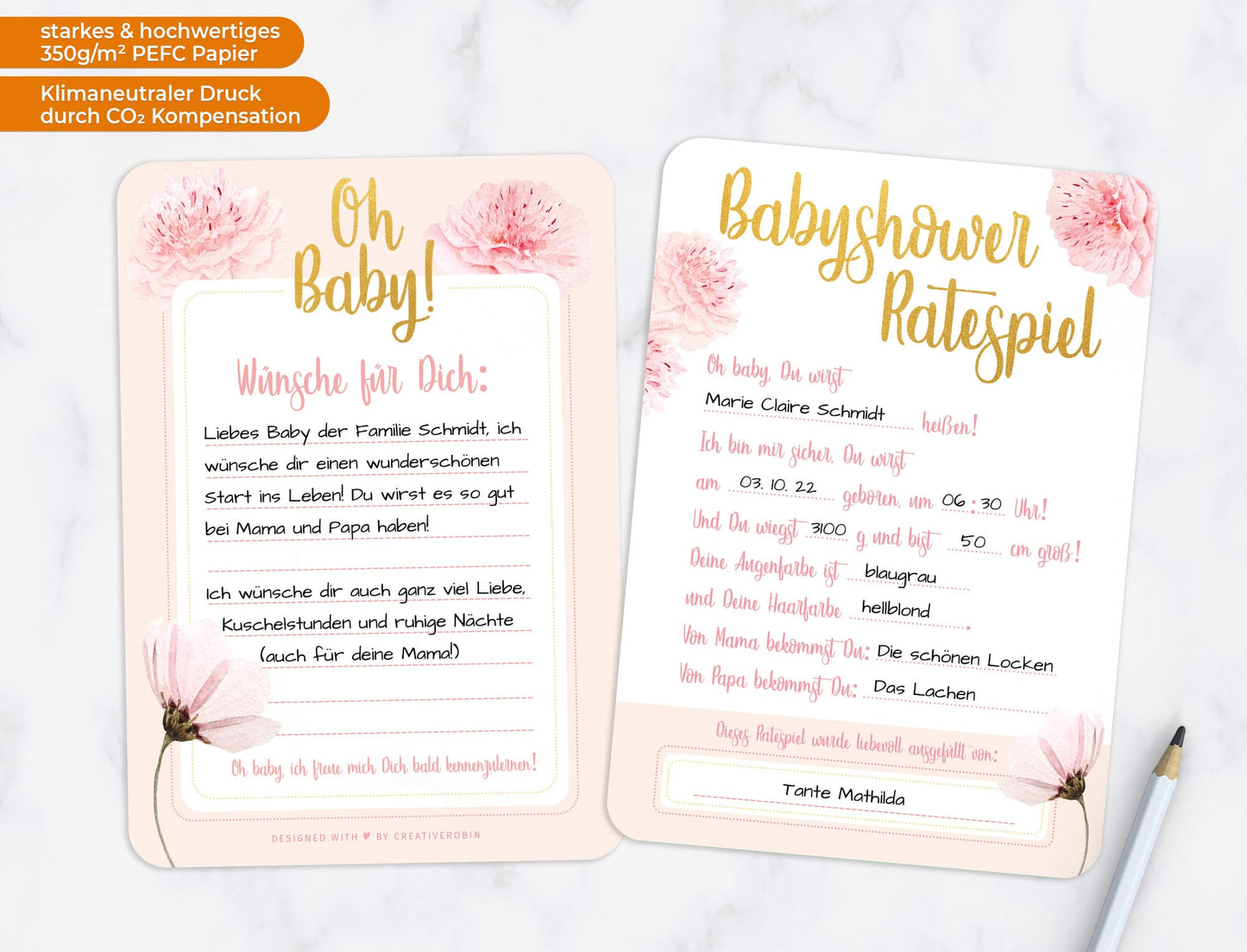 Schönes Babyparty Spiel mit Baby Quiz • 25 Karten in Rosa & Gold • CreativeRobin