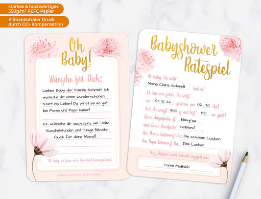 Schönes Babyparty Spiel mit Baby Quiz • 25 Karten in Rosa & Gold • CreativeRobin