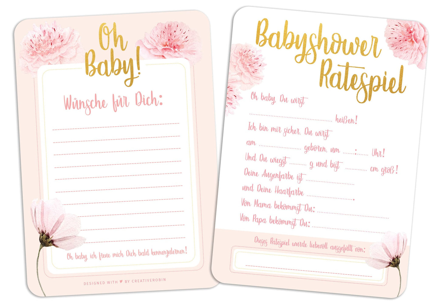 Schönes Babyparty Spiel mit Baby Quiz • 25 Karten in Rosa & Gold • CreativeRobin