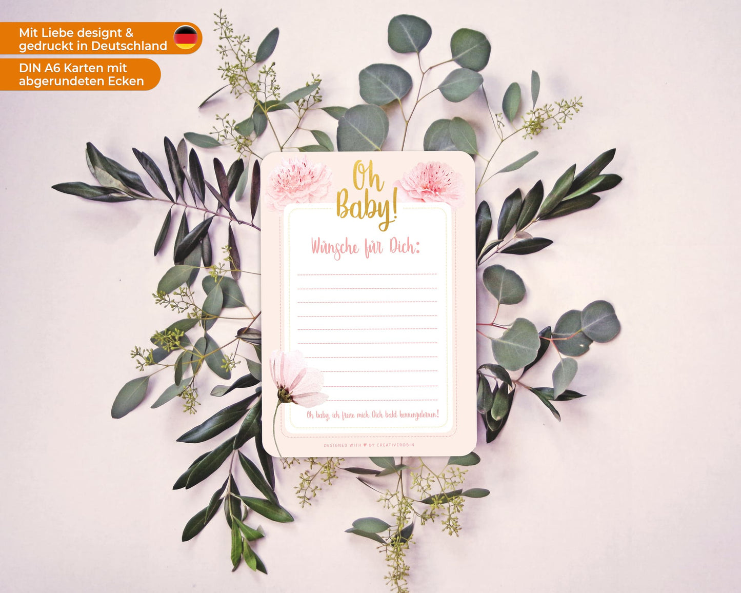 Schönes Babyparty Spiel mit Baby Quiz • 25 Karten in Rosa & Gold • CreativeRobin