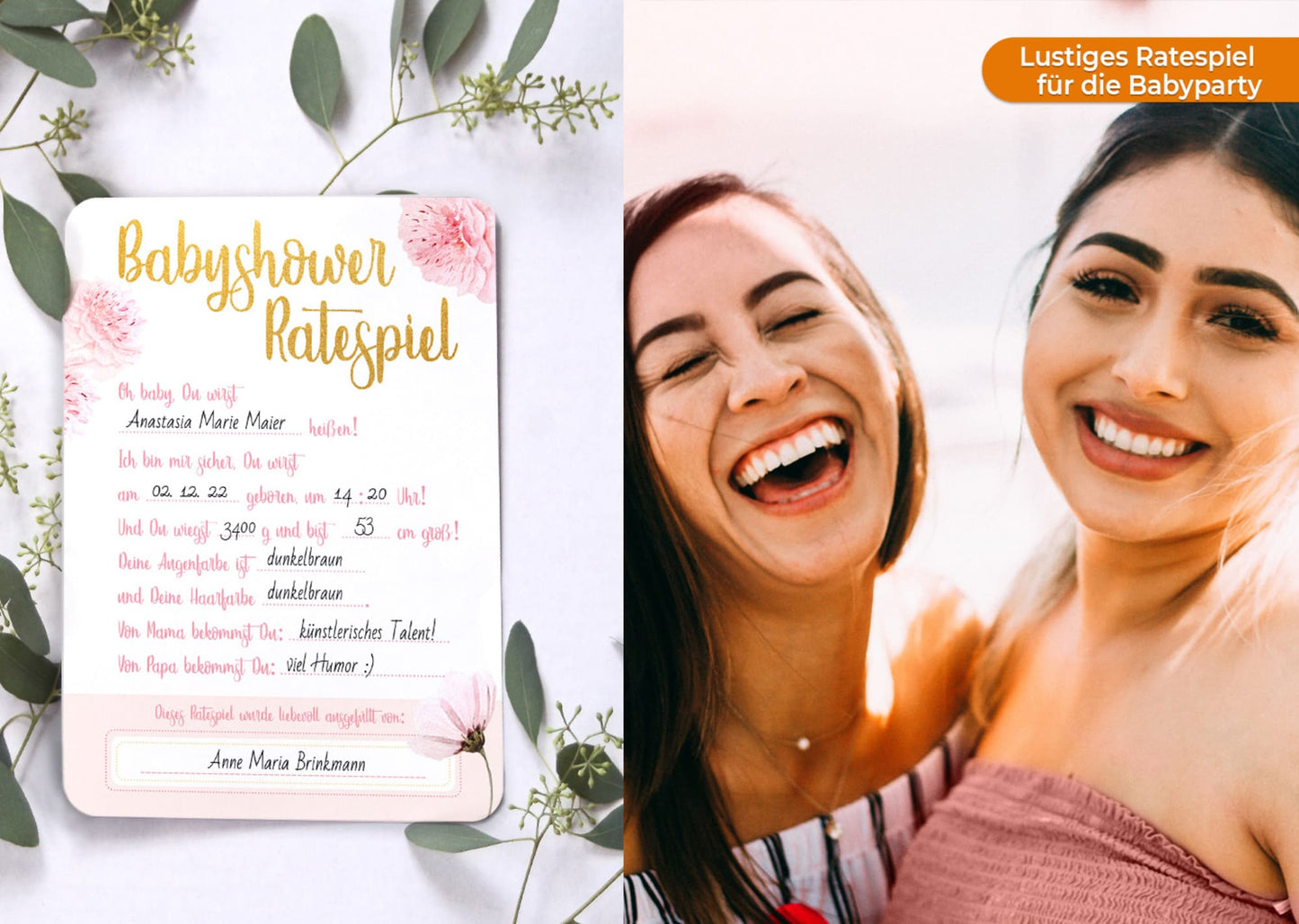 Schönes Babyparty Spiel mit Baby Quiz • 25 Karten in Rosa & Gold • CreativeRobin