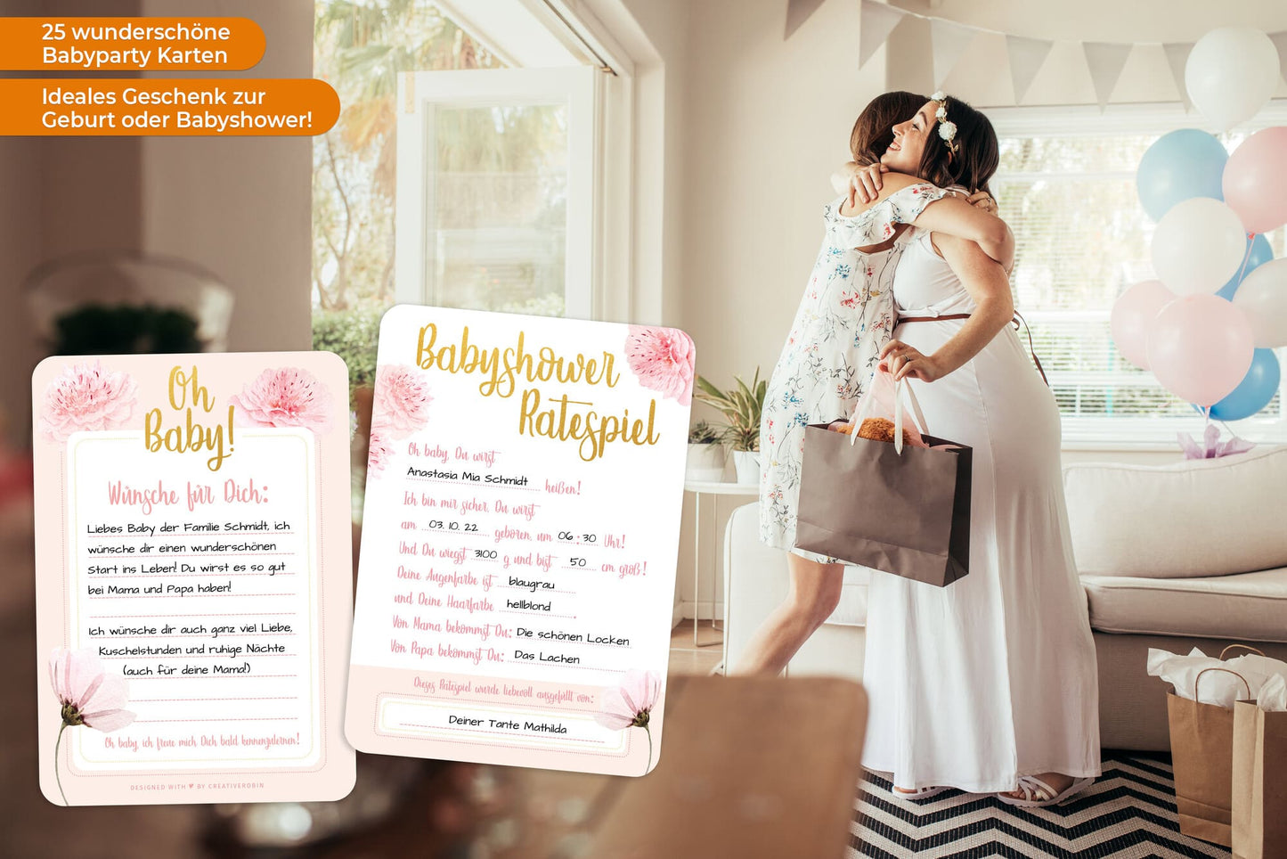 Schönes Babyparty Spiel mit Baby Quiz • 25 Karten in Rosa & Gold • CreativeRobin