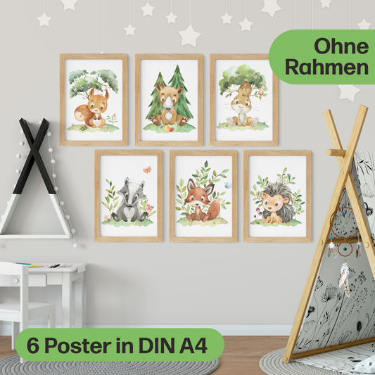 Süßes 6er Waldtier Poster-Set fürs Kinderzimmer I Schöne Babyzimmer Deko mit Bär, Fuchs, Igel und co.